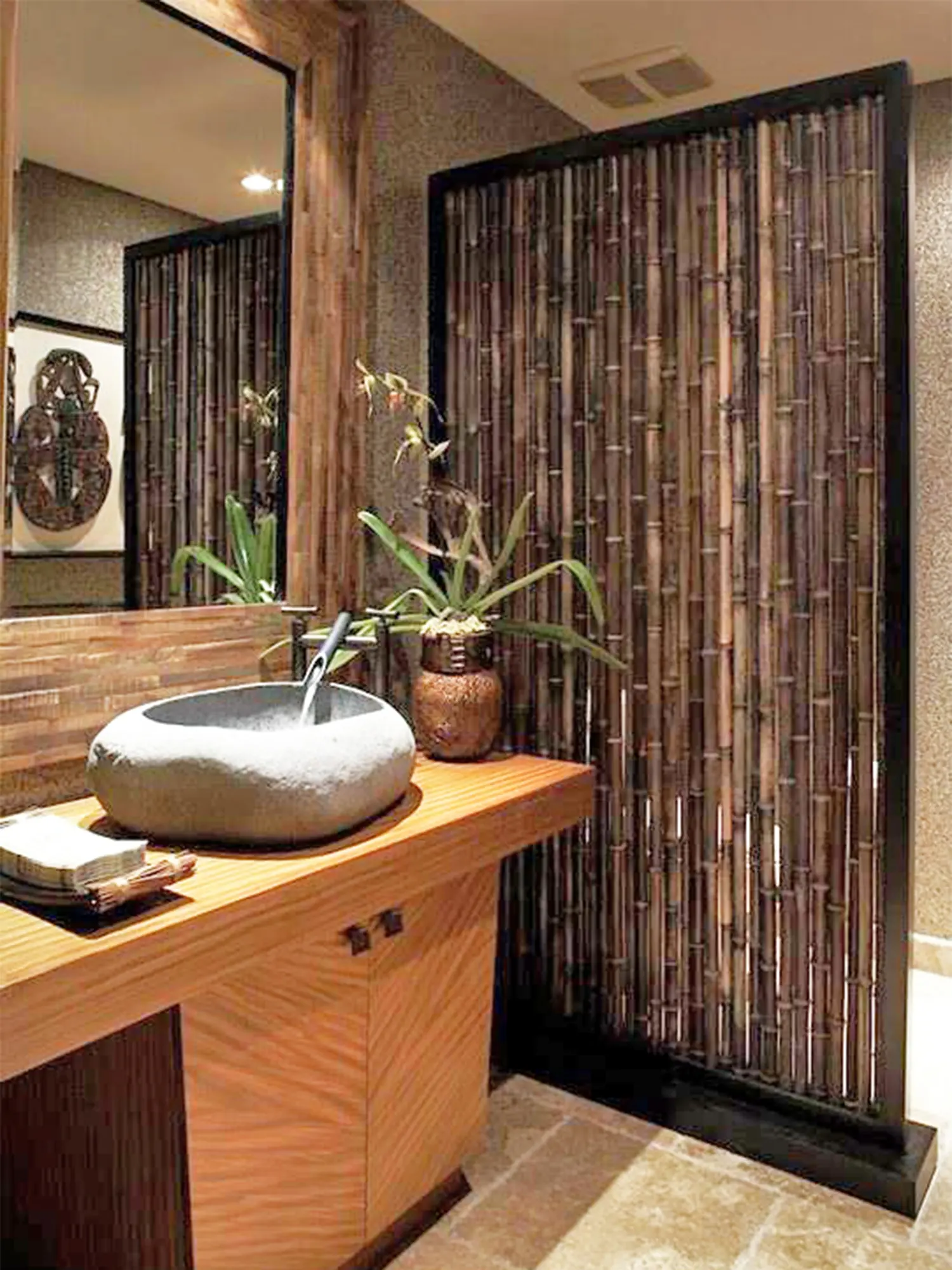 black bamboo fencing inside a bathroom