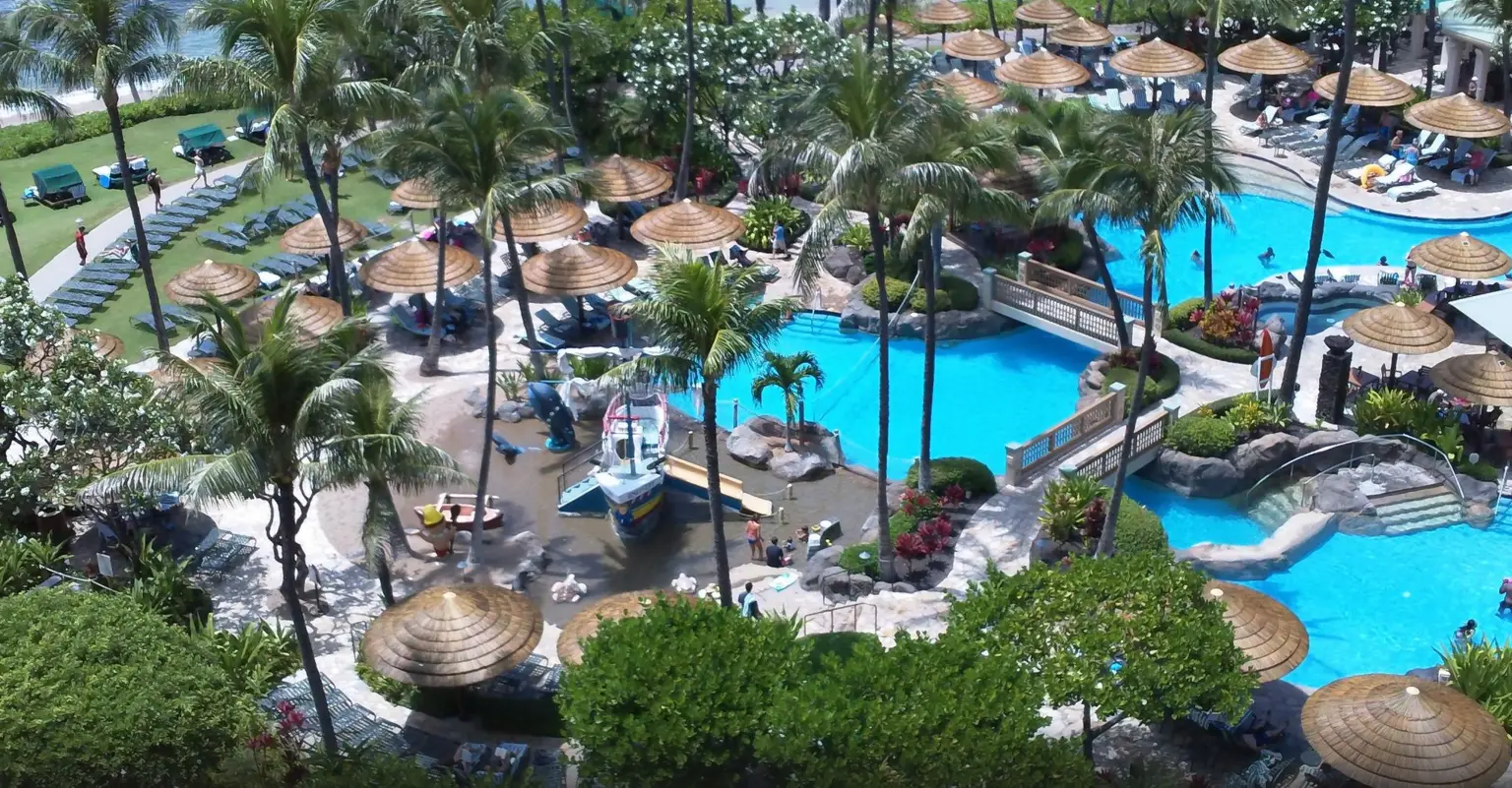 aerial view of viro reed umbrellas at a hotel