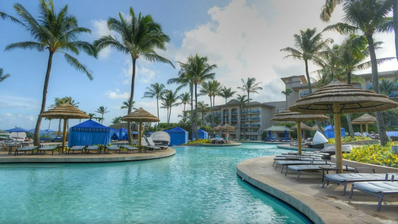 Viro reed umbrellas at a hotel pool
